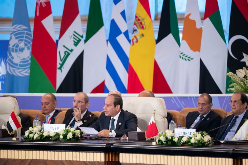 Egyptian President Abdel Fattah El Sisi delivers a speech during the Cairo Summit for Peace on Saturday. Abdulla Al Neyadi / UAE Presidential Court