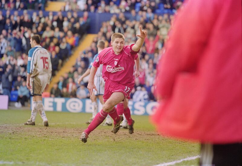 English footballer Steven Gerrard of Liverpool, celebrates during an FA Cup Quarter-final against Tranmere Rovers at Prenton Park, Birkenhead, 11th March 2001. Liverpool won the match 4-2 with Gerrard scoring in the 52nd minute. (Photo by Alex Livesey/Getty Images)