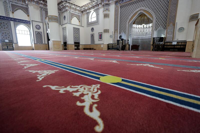 Dubai, United Arab Emirates - Reporter: N/A. News. Al Farooq Omar Bin Al Khattab Mosque in Dubai with their Covid-19 prevention measures as they prepare to open tomorrow. Tuesday, June 30th, 2020. Dubai. Chris Whiteoak / The National