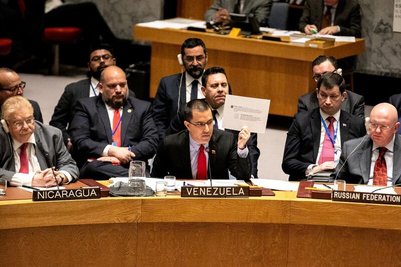 Jorge Arreaza, Venezuela's foreign minister, center, speaks during a United Nations Security Council meeting in New York, U.S., on Saturday, Jan. 26, 2019. Secretary of State Mike Pompeo took the U.S. effort to recognize Juan Guaido as Venezuela's rightful leader to the United Nations, part of a broader campaign to replace President Nicolas Maduro, and said the choice is between freedom and mayhem. Photographer: Jeenah Moon/Bloomberg