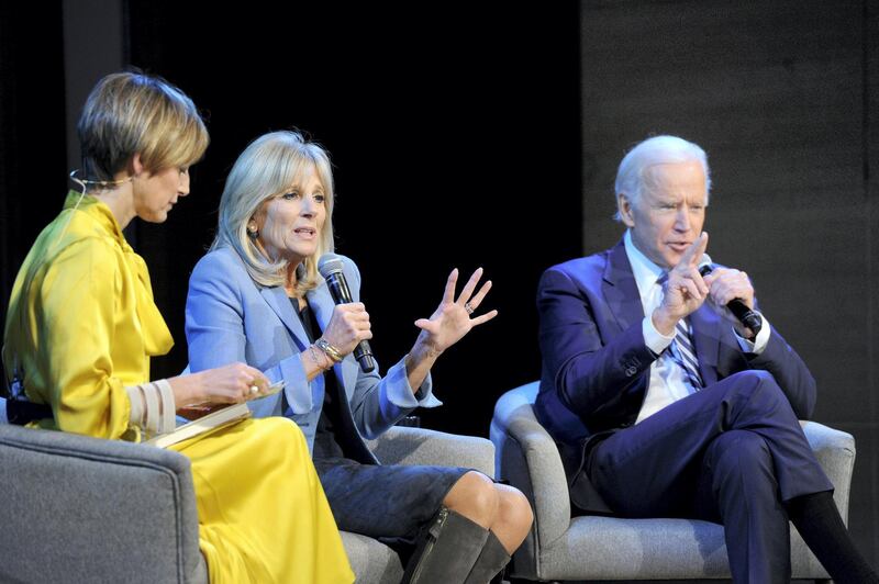 NEW YORK, NY - NOVEMBER 13: (L-R) Cindi Leive, Dr. Jill Biden, and Joe Biden speak onstage during Glamour Celebrates 2017 Women Of The Year Live Summit at Brooklyn Museum on November 13, 2017 in New York City.   Craig Barritt/Getty Images for Glamour/AFP