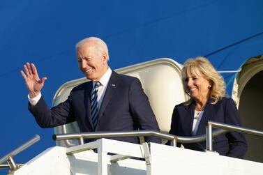 US President Joe Biden and his wife Dr Jill Biden disembark from Air Force One at RAF Mildenhall before the G7 summit, near Mildenhall, Britain. Reuters