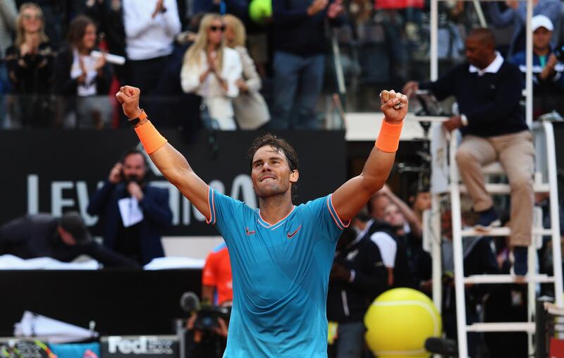 ROME, ITALY - MAY 19:  Rafael Nadal of Spain celebrates agaist Novak Djokovic of Serbia after winning the Men's singles final match during Day eight of the International BNL d'Italia at Foro Italico on May 19, 2019 in Rome, Italy.  (Photo by Paolo Bruno/Getty Images)