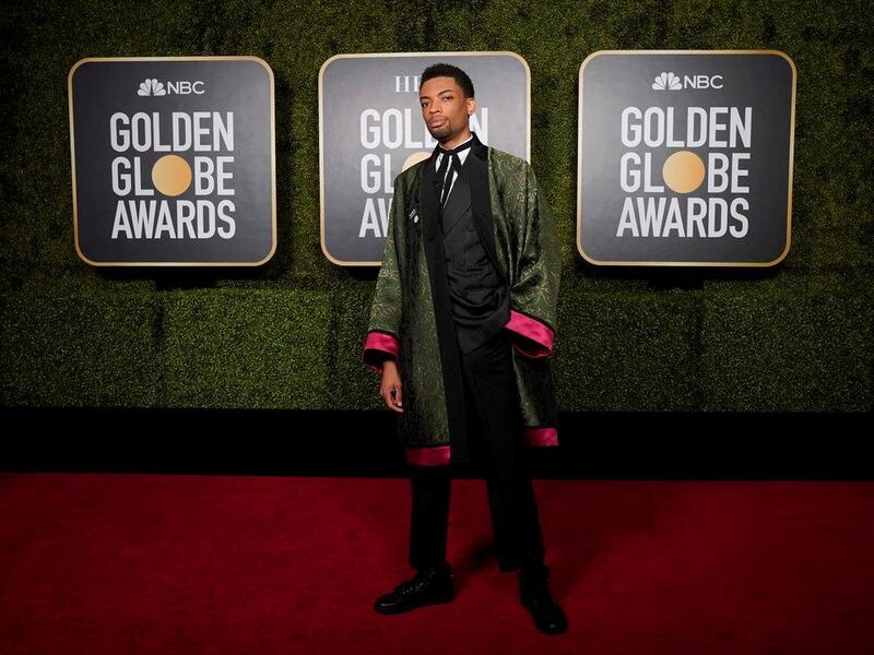 Jackson Lee wears Gucci to arrive at the 78th annual Golden Globe Awards from New York City on February 28, 2021. Reuters