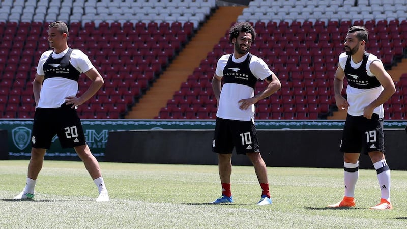 Mohamed Salah, centre, takes part in a training at the Akhmat Arena stadium in Grozny, Russia, on June 13, 2018, ahead of the Russia 2018 World Cup football tournament. Karim Jaafar / AFP