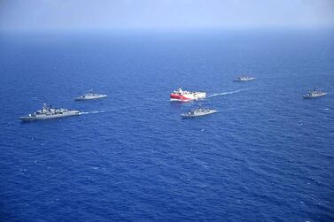 A Turkish research vessel escorted by Turkish Naval ships in the Mediterranean Sea. Turkish Defence Ministry