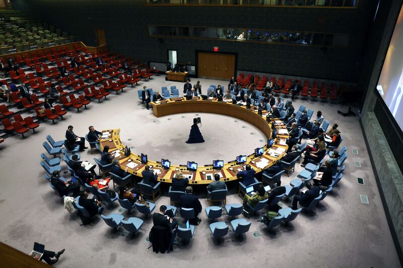 Members of the UN Security Council attend a meeting on Tuesday. Getty Images / AFP