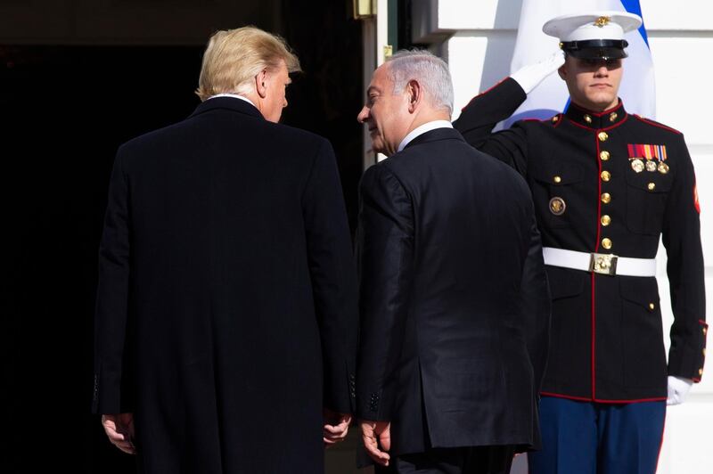 US President Donald  Trump (left) greets Prime Minister of Israel Benjamin Netanyahu (right) upon his arrival at the South Portico of the White House, in Washington.  EPA