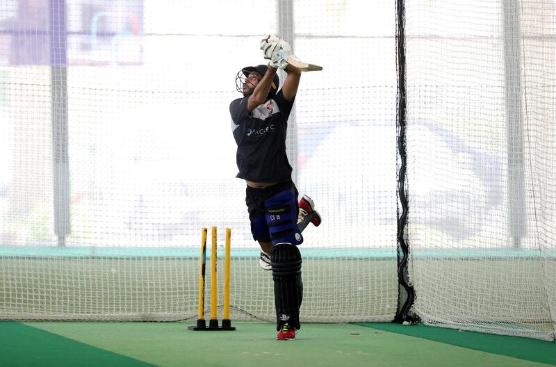 Dubai, United Arab Emirates - Reporter: Paul Radley. Sport.  Chirag Suri bats. The UAE cricket team are back at training at the ICC academy after the government have eased restrictions due to Coivd-19/Coronavirus. Sunday, June 7th, 2020. Dubai. Chris Whiteoak / The National