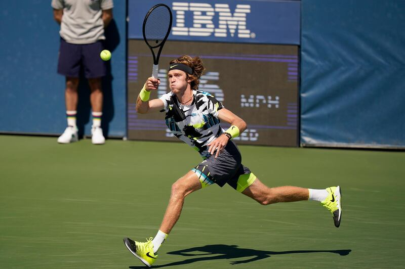 Andrey Rublev returns a shot during his US Open third round match against Salvatore Caruso. AP Photo