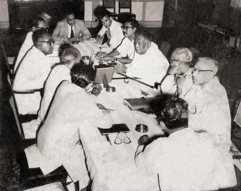 Cabinet Meeting of the United Front, a coalition between four parties in the hope of achieving autonomy in East Pakistan. Taken in 1956, the photo shows Sheikh Mujibur Rahman, a leader of the provincial government at the time. Courtesy Bangladesh Liberation War Museum