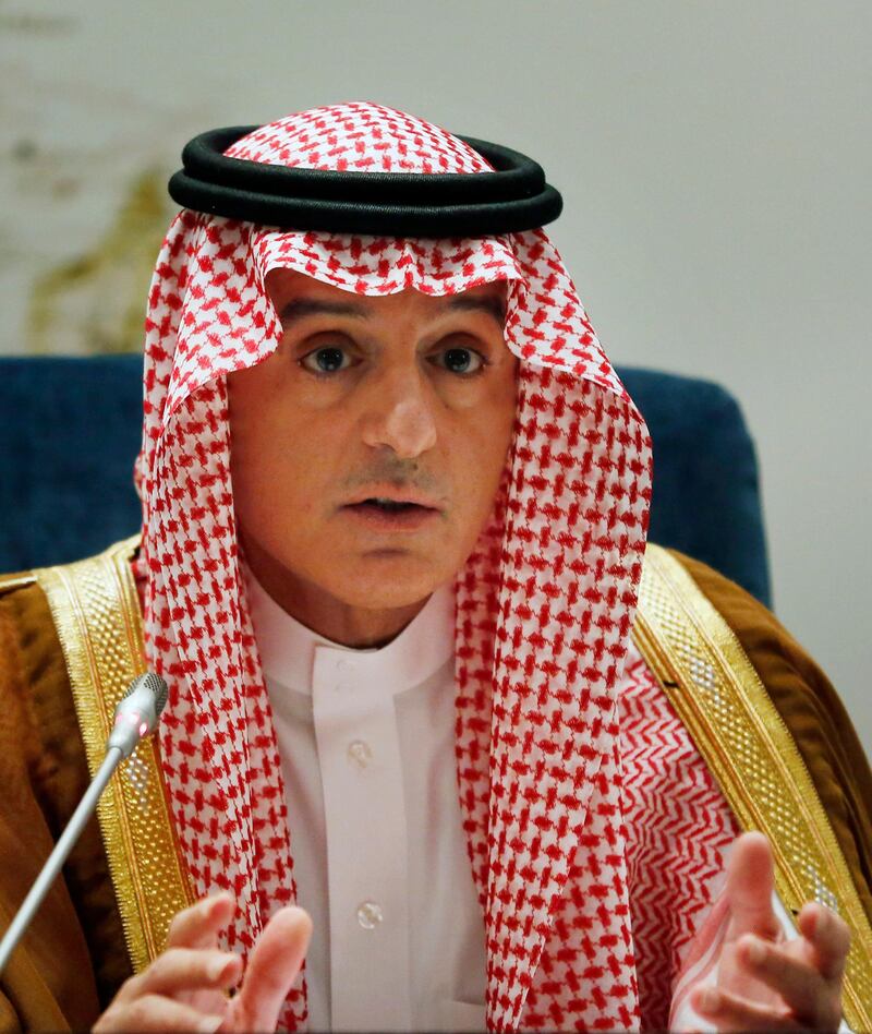 Saudi Arabia's Foreign Minister Adel Al-Jubeir, talks during a press conference in Riyadh, Saudi Arabia, Saturday, Sept. 21, 2019. â€œThe more engagement you have with Iran the more Iran believes its aggressive behavior is acceptable in the world and that is not acceptable so those issues need to be considered,â€ Adel al-Jubeir said.    (AP Photo/Amr Nabil)