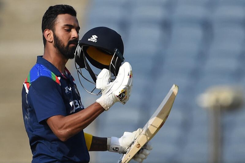 India's KL Rahul celebrates after scoring a century during the second ODI against England at the Maharashtra Cricket Association Stadium in Pune on Friday, March 26. AFP