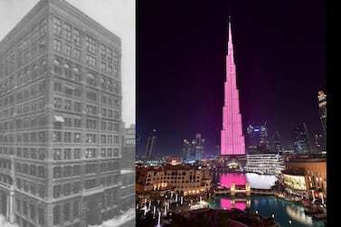 Reaching for the skies using modern architectural structures began in 1885 with the Home Insurance Building, which stood at the corner of Adams and LaSalle Streets in Chicago, left. Today's pinaccle remains the 10-year-old Burj Khalifa in Dubai, right. Getty / AFP 