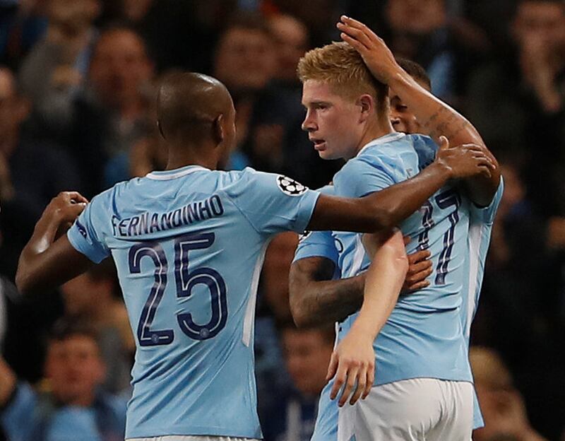 Soccer Football - Champions League - Manchester City vs Shakhtar Donetsk - Etihad Stadium, Manchester, Britain - September 26, 2017   Manchester City's Kevin De Bruyne celebrates scoring their first goal with team mates    Action Images via Reuters/Lee Smith