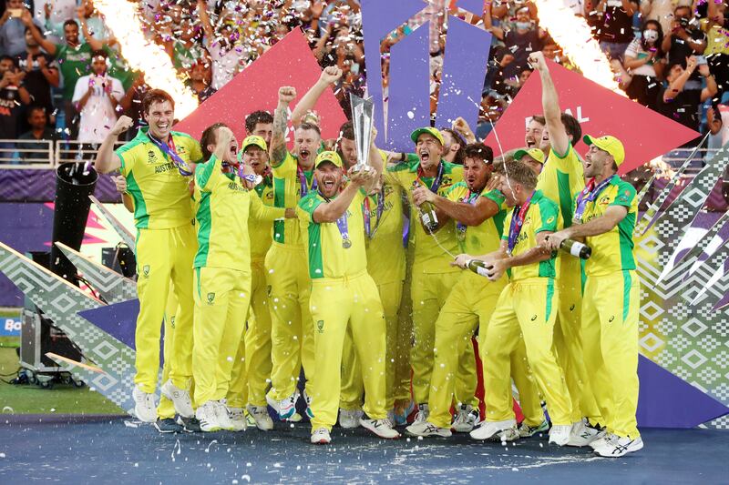 Australia celebrate winning the T20 World Cup 2021 after beating New Zealand at Dubai International Cricket Stadium. Chris Whiteoak / The National