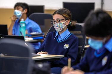 Abu Dhabi, United Arab Emirates, February 16, 2021. Pupils return to school on Sunday at British School Al Khubairat. Pupils are distanced in class and are required to wear their face masks throuought the day. Victor Besa/The National Reporter: Haneen Dajani Section: NA