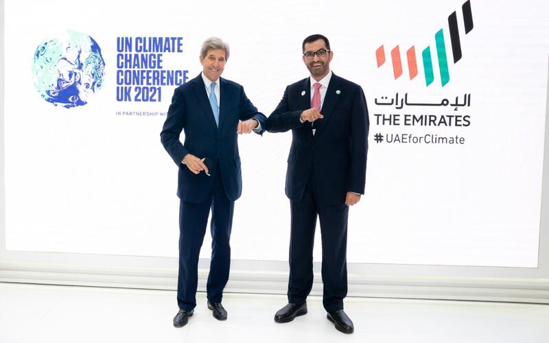 Dr Sultan Al Jaber, Minister of Industry and Advanced Technology, meets US Special Presidential Envoy John Kerry at Cop26. Photo: Office Of The UAE Special Envoy For Climate Change