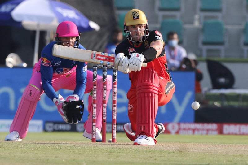 Aaron Finch of Royal Challengers Bangalore plays a shot during match 15 of season 13 of Indian Premier League (IPL) between the Royal Challengers Bangalore and the Rajasthan Royals at the Sheikh Zayed Stadium, Abu Dhabi  in the United Arab Emirates on the 3rd October 2020.  Photo by: Pankaj Nangia  / Sportzpics for BCCI