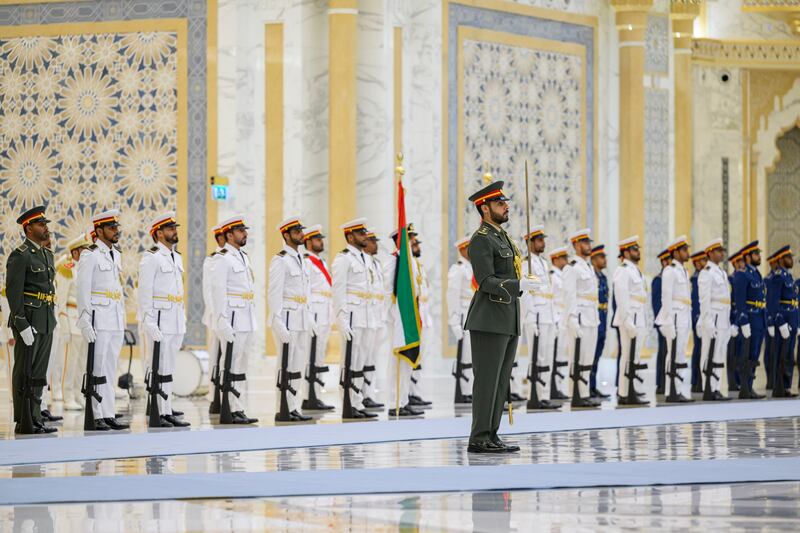 The UAE's Armed Forces Honour Guard at the state visit reception for Mr Yoon