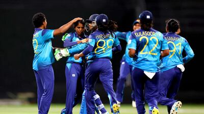 Sri Lanka players celebrate on their way to a 15-run win over UAE. Photo: ICC