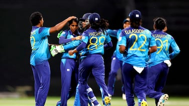 Sri Lanka players celebrate on their way to a 15-run win over UAE to clinch a place in the T20 World Cup Qualifier final. Photo: ICC
