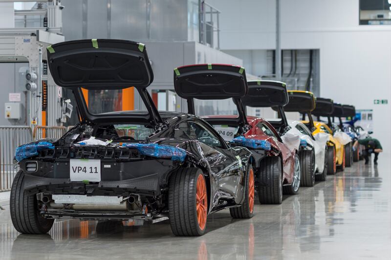 Lotus's more traditional offerings lined up at the Hethel factory.