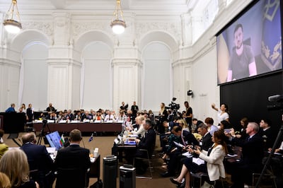 Ukrainian President Volodymyr Zelenskyy speaks during the donor conference for Ukraine at Christiansborg Palace in Copenhagen on Thursday. AP Photo