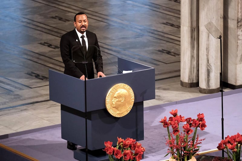 OSLO, NORWAY - DECEMBER 10: Ethiopia's Prime Minister and Nobel Peace Prize Laureate Abiy Ahmed Ali speaks on stage after being awarded with the Nobel Peace Prize during the Nobel Peace Prize ceremony 2019 at Oslo City Town Hall on December 10, 2019 in Oslo, Norway. The Prime Minister of Ethiopia, Abiy Ahmed, has been jointly awarded the 2019 Nobel Peace Prize in recognition for his efforts to achieve peace and international cooperation, and in particular for his decisive initiative to resolve the border conflict with neighbouring Eritrea. (Photo by Erik Valestrand/Getty Images)