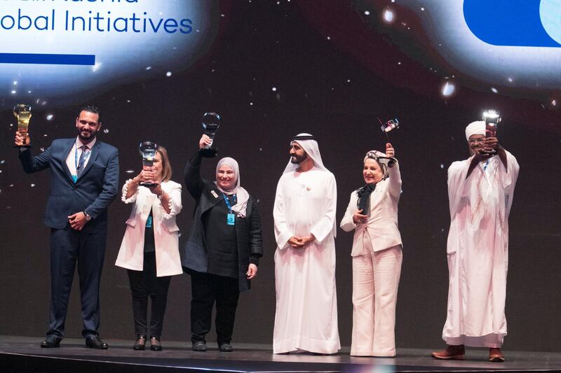 DUBAI, UNITED ARAB EMIRATES - MAY 14, 2018. 

Sheikh Mohammed bin Rashid awards the finalists at the Arab Hope Makers Award. From left to right, Mahmoud Waheed from Egypt, Nawal Mustafa from Egypt, Manal Al Mussalam from Kuwait, Siham Jarjees from Iraq, and Faris Ali from Sudan.

Arab Hope Makers Award is  in its second year. The award was launched by Sheikh Mohammed bin Rashid in 2017. It seeks out inspirational stories from across the world and is presented to an individual in recognition of their "heroic" good deeds. 
The committee received more than 87,000 entries this year.

(Photo by Reem Mohammed/The National)

Reporter: Nawal
Section: NA