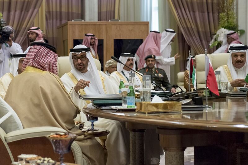 Sheikh Mohamed bin Zayed, second left, attends the 17th GCC Consultative summit in Riyadh. He is pictured with Abdullatif Al Zayani, secretary general of the GCC. Rashed Al Mansoori / Crown Prince Court - Abu Dhabi