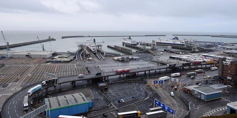 Freight trucks come and go at the port of Dover, Kent on February 1, 2020,   Britain on Saturday began an uncertain future outside the European Union, hours after the historic end to its almost half a century of membership was greeted with a mixture of joy and sadness. / AFP / Ben STANSALL
