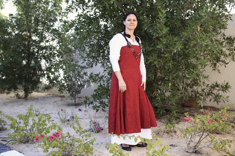 Deborah Knight aka Lady Rhona is photographed in a 9th century Norse outfit in Abu Dhabi.