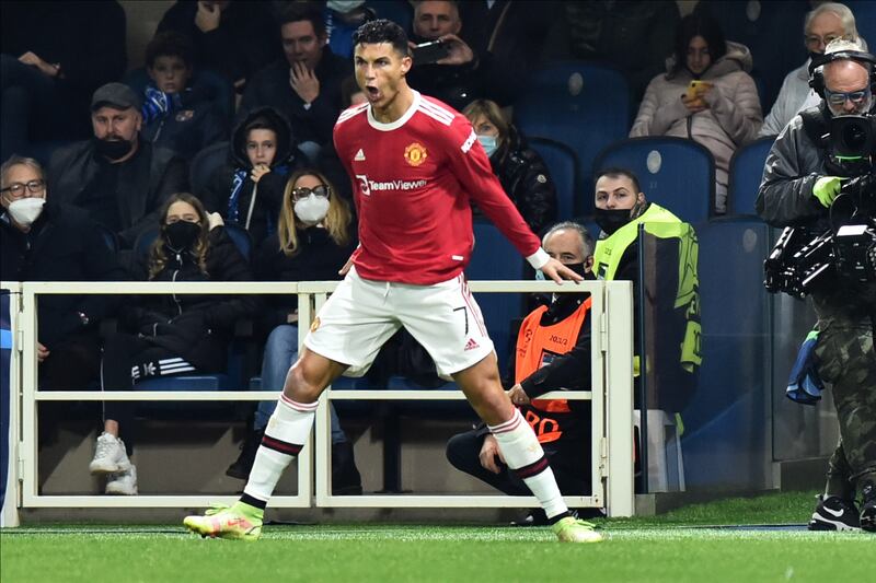 Manchester United's Cristiano Ronaldo celebrates after scoring his first goal. EPA