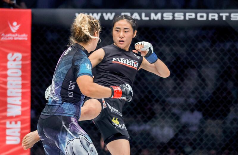 Abu Dhabi, United Arab Emirates, October 18, 2019.  UAE Warriors Fighting Championship at the Mubadala Arena. --  The first Warriors female card between Weronika Zygmunt (Poland) (Left) v Seo Ye-dam (Korea) in the strawweight division.  Ye-dam won the fight via decision.
Victor Besa/The National
Section:  SP
Reporter:  Amith Passela