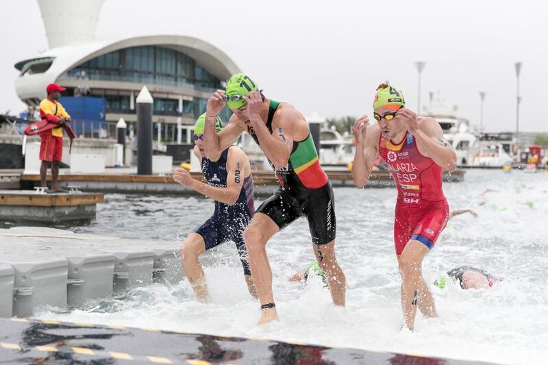 ABU DHABI, UNITED ARAB EMIRATES - MARCH 03, 2018.

Athletes at the Elite Men Abu Dhabi Triathlon complete the 750m swim.

(Photo: Reem Mohammed/ The National)

Reporter: AMITH PASSATH
Section: SP

