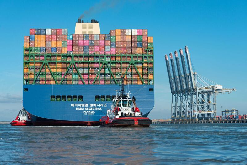 The world’s largest container ship, ‘HMM Algeciras’, arrives in the UK for the first time at DP World London Gateway. Port of London Authority