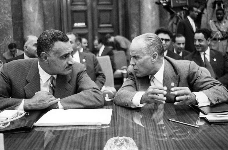 1967, Khartoum, Sudan --- Tunisian President for Life Habib Bourguiba (R) speaking to Egyptian President Gamel Abdel-Nasser during an Arab League summit. --- Image by © -/FILES/epa/Corbis