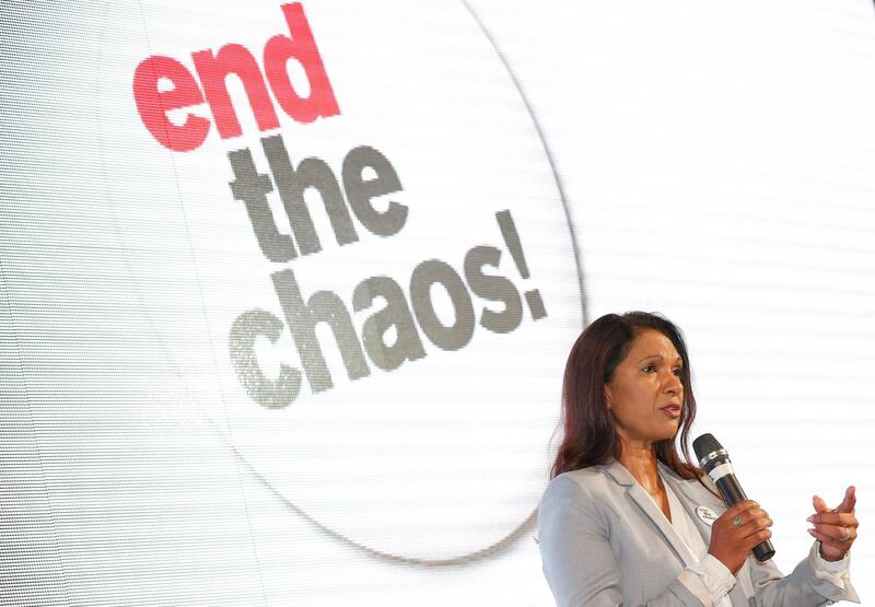 Businesswoman, campaigner and author Gina Miller, speaks during an event to launch a nationwide campaign, calling to "End The Chaos" of Brexit, at Dover Town Hall in Dover, south-east England, on September 14, 2018. Miller, who successfully fought the UK government in court over Brexit, launches a nationwide campaign calling to 'end the chaos of Brexit'. / AFP / Adrian DENNIS
