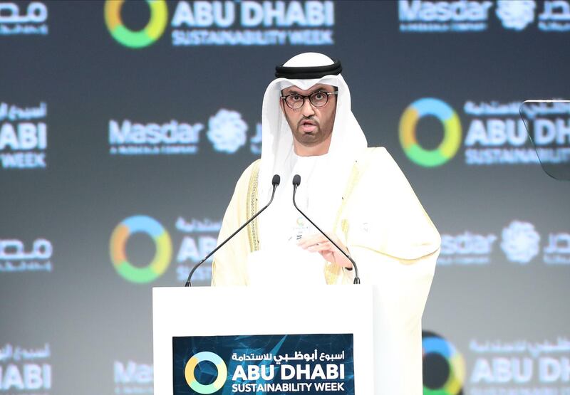 epa08124156 Sultan Ahmed Al Jaber, Minister of State in the United Arab Emirates, Director-General and CEO of the Abu Dhabi National Oil Company (ADNOC Group), Chairman of Masdar and Chairman of UAE National Media Council delivers a speech during the opening ceremony of the World Future Energy Summit 2020 (WFES) in Abu Dhabi, United Arab Emirates, 13 January 2020.  EPA/ALI HAIDER