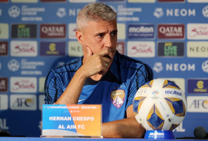 Al Ain manager Hernan Crespo speaks to the press on the eve of the Asian Champions League final, first leg.