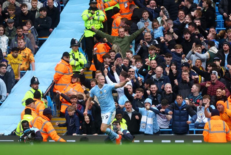 Manchester City's Erling Haaland celebrates after scoring their second goal. Action Images