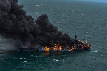 Flames engulf the X-Press Pearl off Colombo on Tuesday. Sri Lanka Air Force via AP)