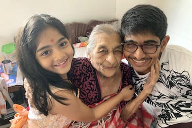 Susheela Pathak, 102, with her great grandchildren Tarini and Tej. Courtesy, Dr Vijaya Bopardikar