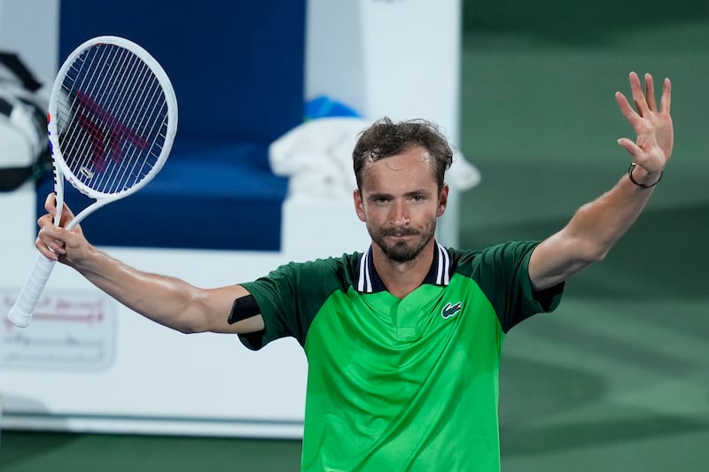 Daniil Medvedev celebrates after beating Alejandro Fokina in the quarter-finals of the Dubai Duty Free Tennis Championships on February 29, 2024. AP