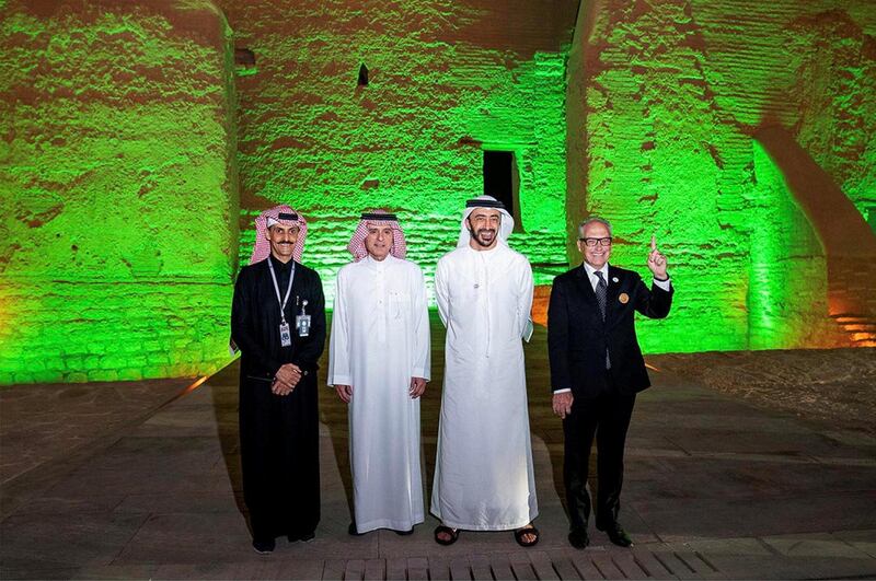 Abdullah bin Zayed and Adel bin Ahmed Al Jubeir during a tour at the events accompanying the Formula E in Ad Diriyah, Saudi Arabia. Courtesy MOFAIC