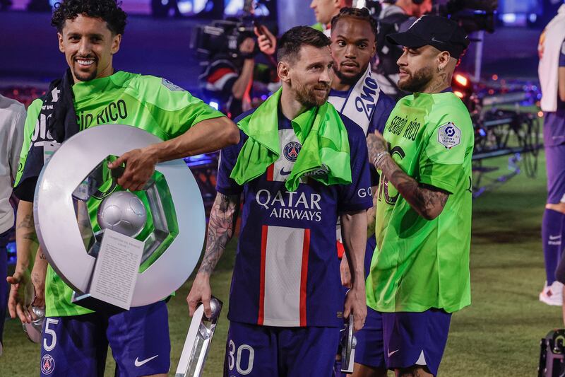 PSG's Lionel Messi alongside Neymar at Parc des Princes.  
 EPA