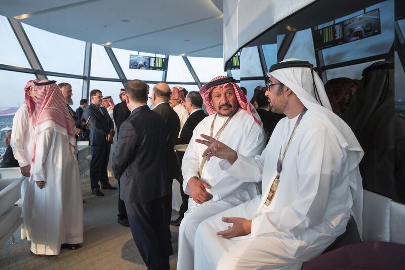 Sheikh Rashid bin Saud Al Mu’alla, Crown Prince of Umm Al Quwain, right, and Sheikh Saeed bin Mohammed Al Nahyan at Shams Tower. Ryan Carter / Crown Prince Court - Abu Dhabi