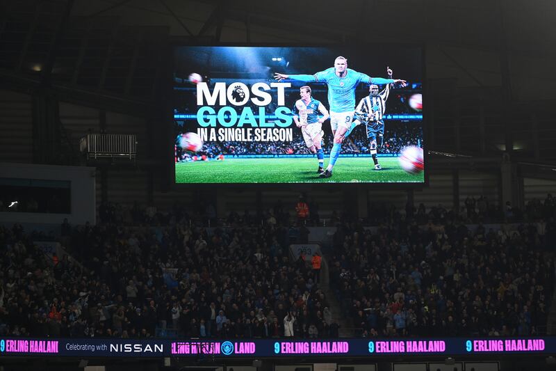 A big screen at the Etihad highlights Erling Haaland scoring his 35th goal of the season and breaking the Premier League scoring record. Getty