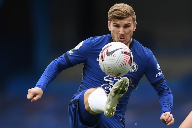 TOPSHOT - Chelsea's German striker Timo Werner eyes the ball during the English Premier League football match between Chelsea and Southampton at Stamford Bridge in London on October 17, 2020. RESTRICTED TO EDITORIAL USE. No use with unauthorized audio, video, data, fixture lists, club/league logos or 'live' services. Online in-match use limited to 120 images. An additional 40 images may be used in extra time. No video emulation. Social media in-match use limited to 120 images. An additional 40 images may be used in extra time. No use in betting publications, games or single club/league/player publications.
 / AFP / POOL / Mike Hewitt / RESTRICTED TO EDITORIAL USE. No use with unauthorized audio, video, data, fixture lists, club/league logos or 'live' services. Online in-match use limited to 120 images. An additional 40 images may be used in extra time. No video emulation. Social media in-match use limited to 120 images. An additional 40 images may be used in extra time. No use in betting publications, games or single club/league/player publications.
